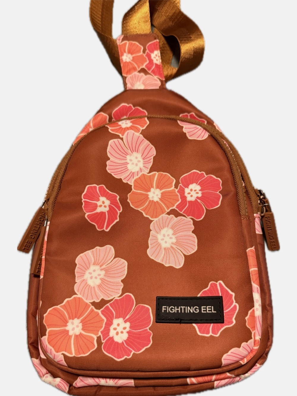 Fighting Eel Brown Backpack with Pink and Coral Floral Print